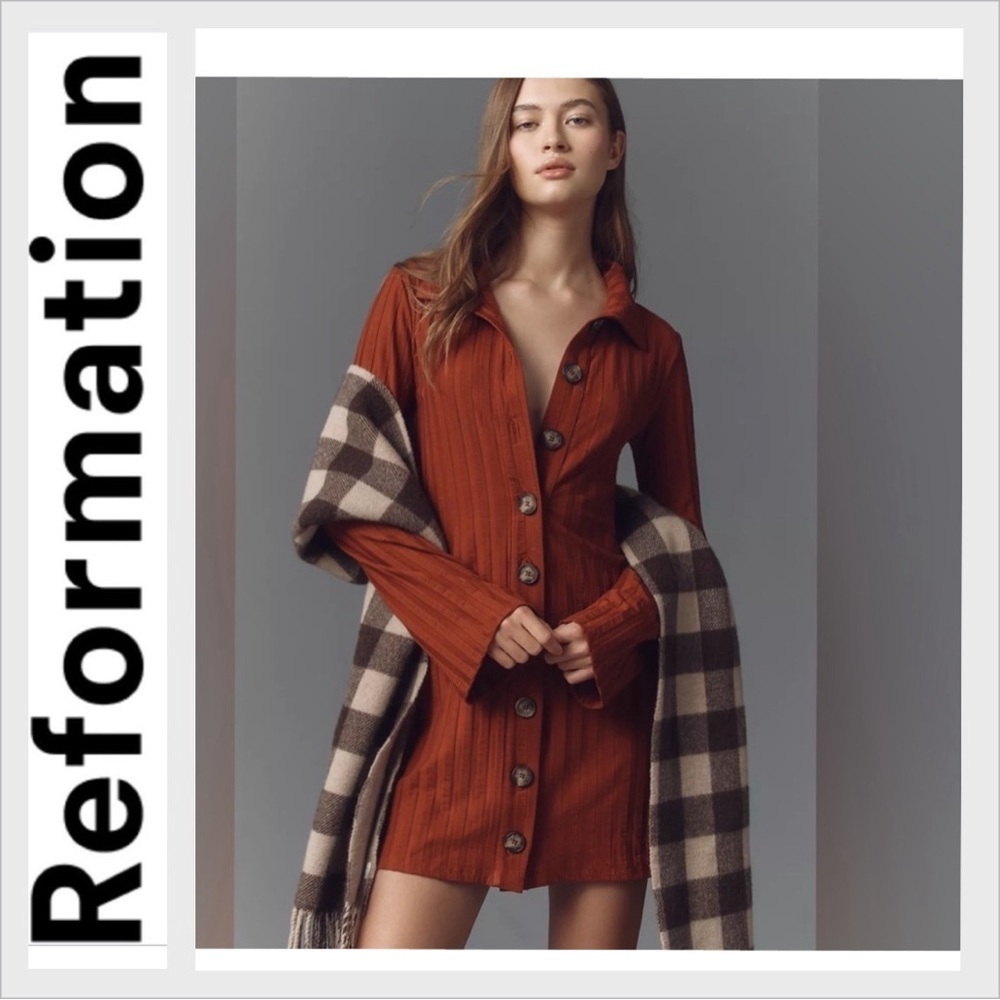 NWT! Reformation Benton Ribbed Button-Front Sweater Mini Dress 🟤